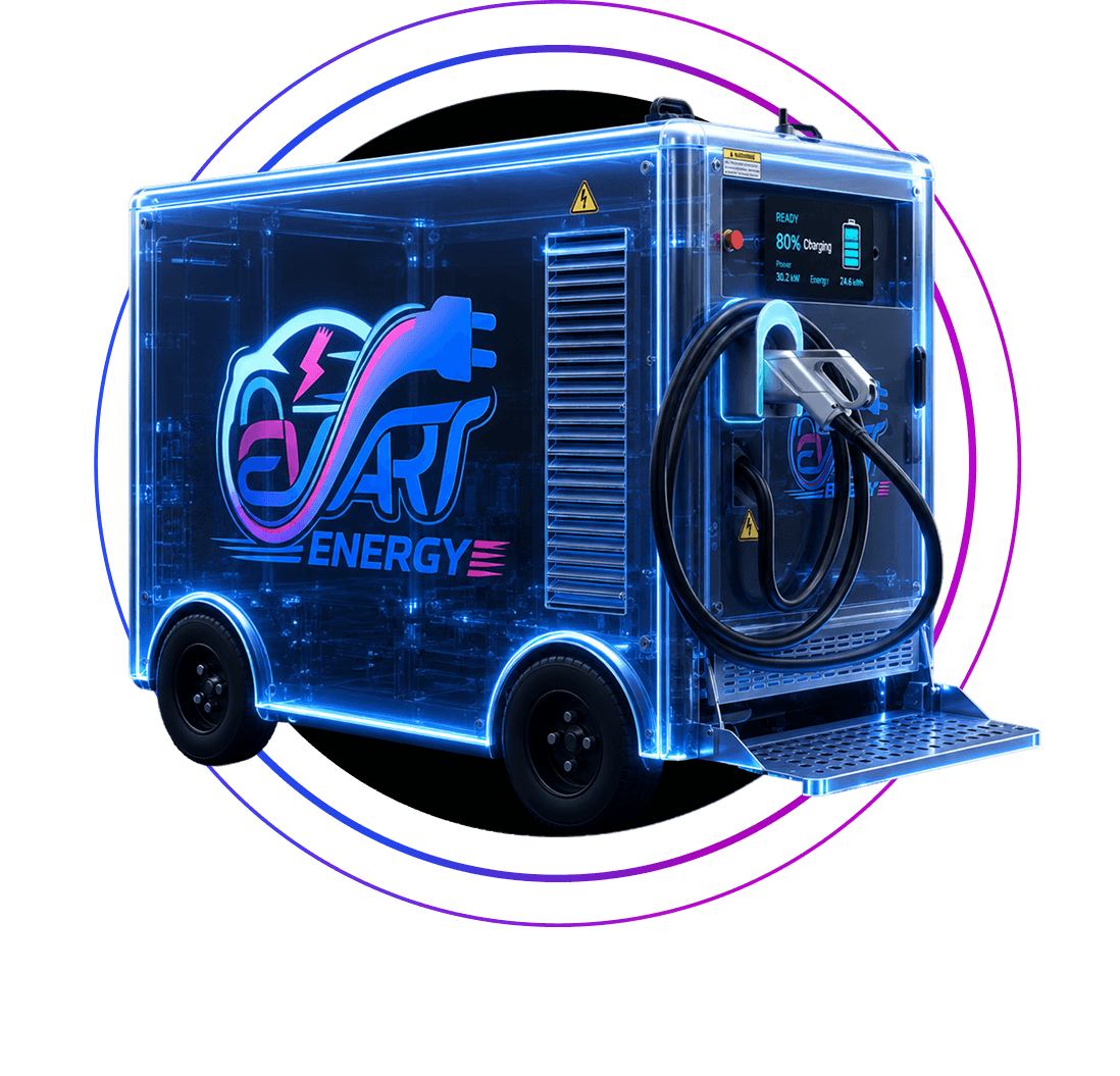 Mobile EV charging van with an active charging session and glowing orbital rings