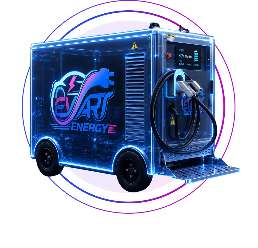 Mobile EV charging van with an active charging session and glowing orbital rings