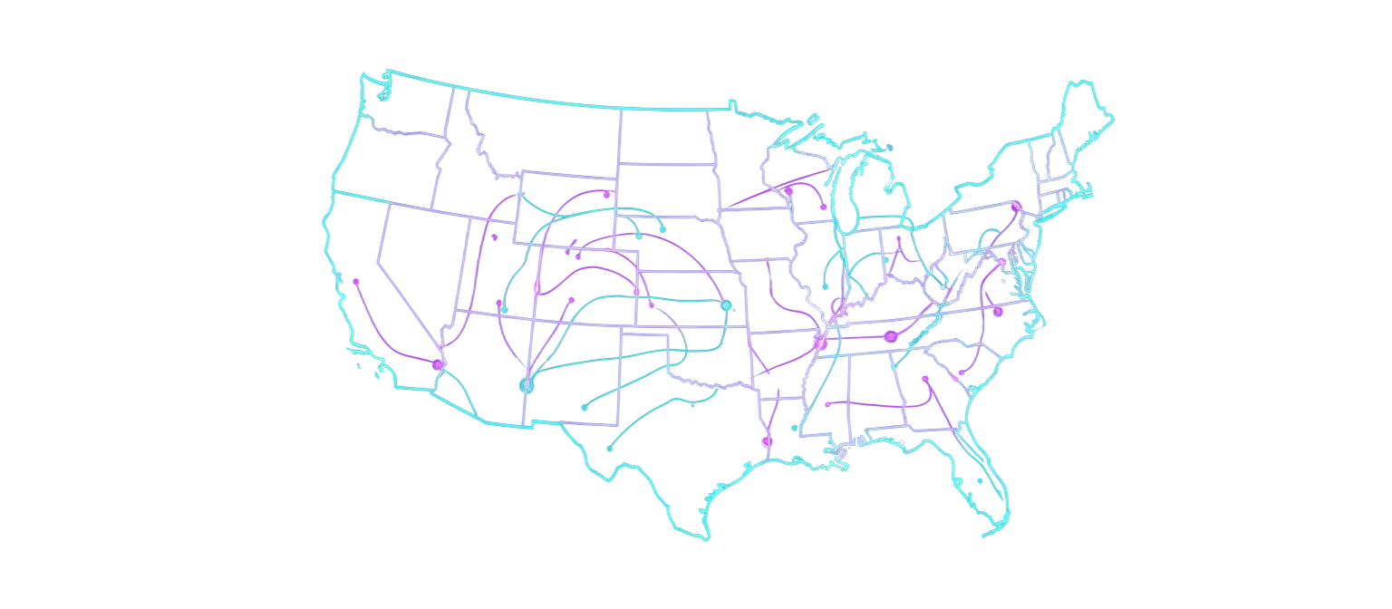 Map of the United States showing EV ART ENERGY mobile charging coverage